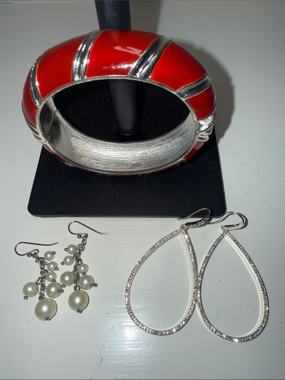 Bold Red Enamel and Silver-Tone Wide Bangle Bracelet